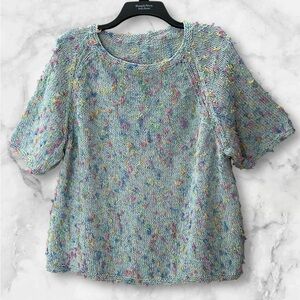 Boutique Confetti Eyelash Knit Sweater Blue Green Short Sleeve Textured Size XL